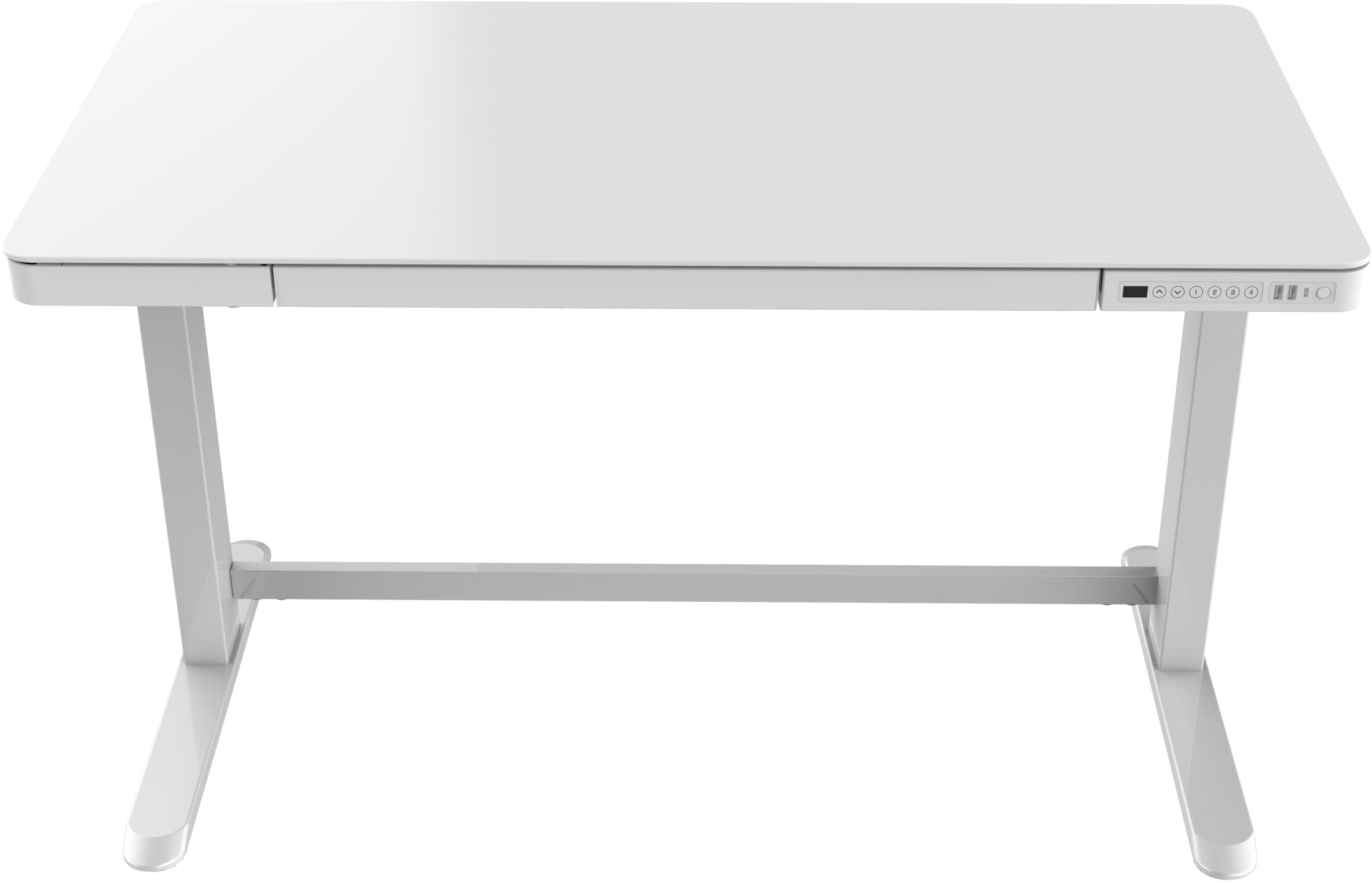 Euroseats elektrische zit/sta werkplek. Uitvoering 120 bij 60 cm. Uitvoering wit frame en wit gehard glazen topblad